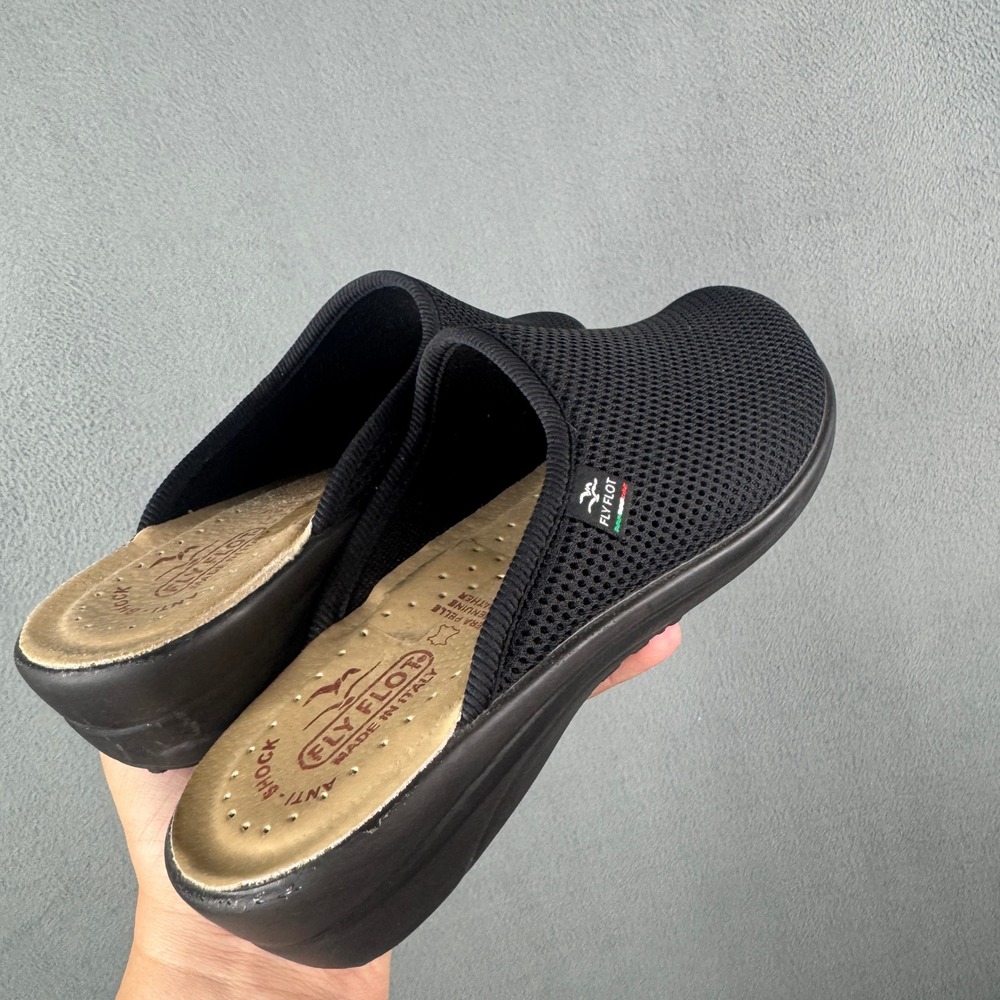 Fly Flot Black Mesh Anatomic Anti Shock Mules Clogs Italy EU 40 Womens Comfort